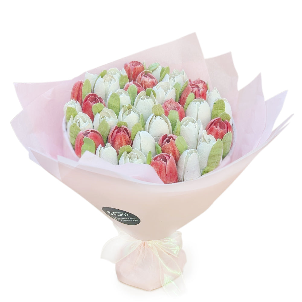 Marshmallow-Blumentrauß, weiß-rot ⌀22 cm